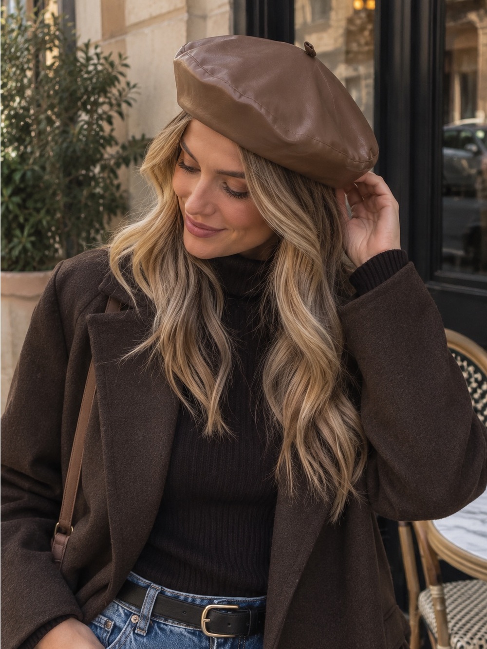 Brown Vegan Leather Beret | Parisian Fall Hat | Adjustable Fit